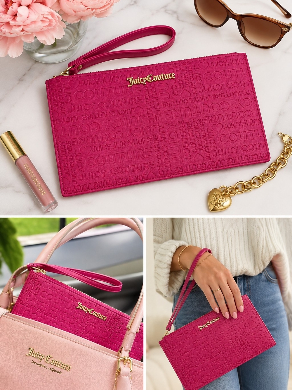 Juicy Couture Hot Pink Embossed Wristlet Clutch